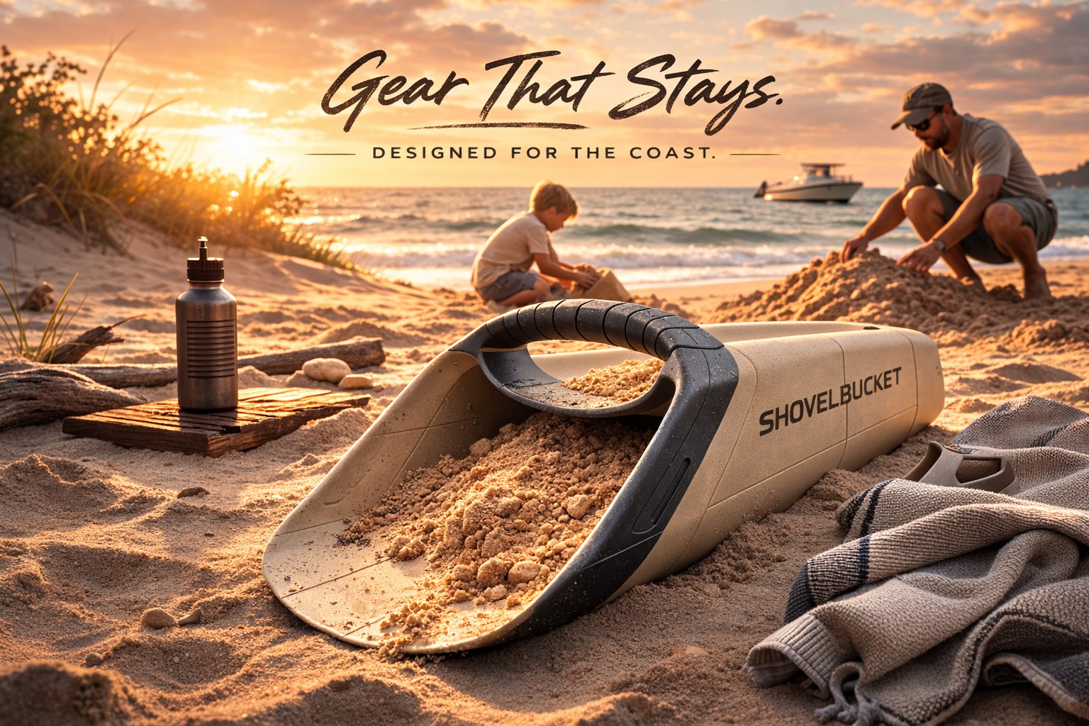 ShovelBucket on a golden beach at sunset — Built for Real Summers. Rotomolded. One Piece. No Weak Points.