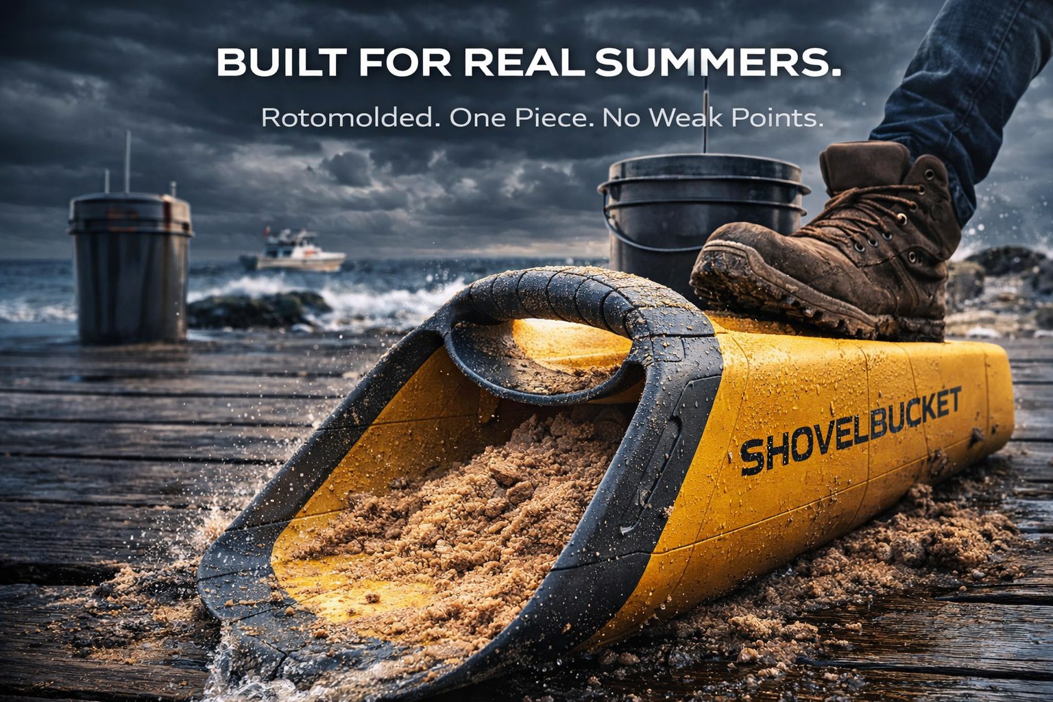 ShovelBucket on a wet dock — Dock-Ready. Marine Tough. Designed for the Coast.